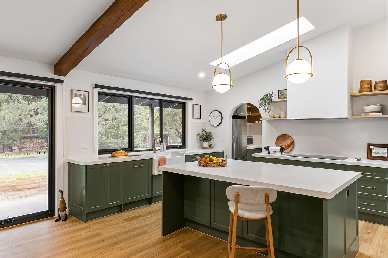 Bright modern farmhouse kitchen with wood beams