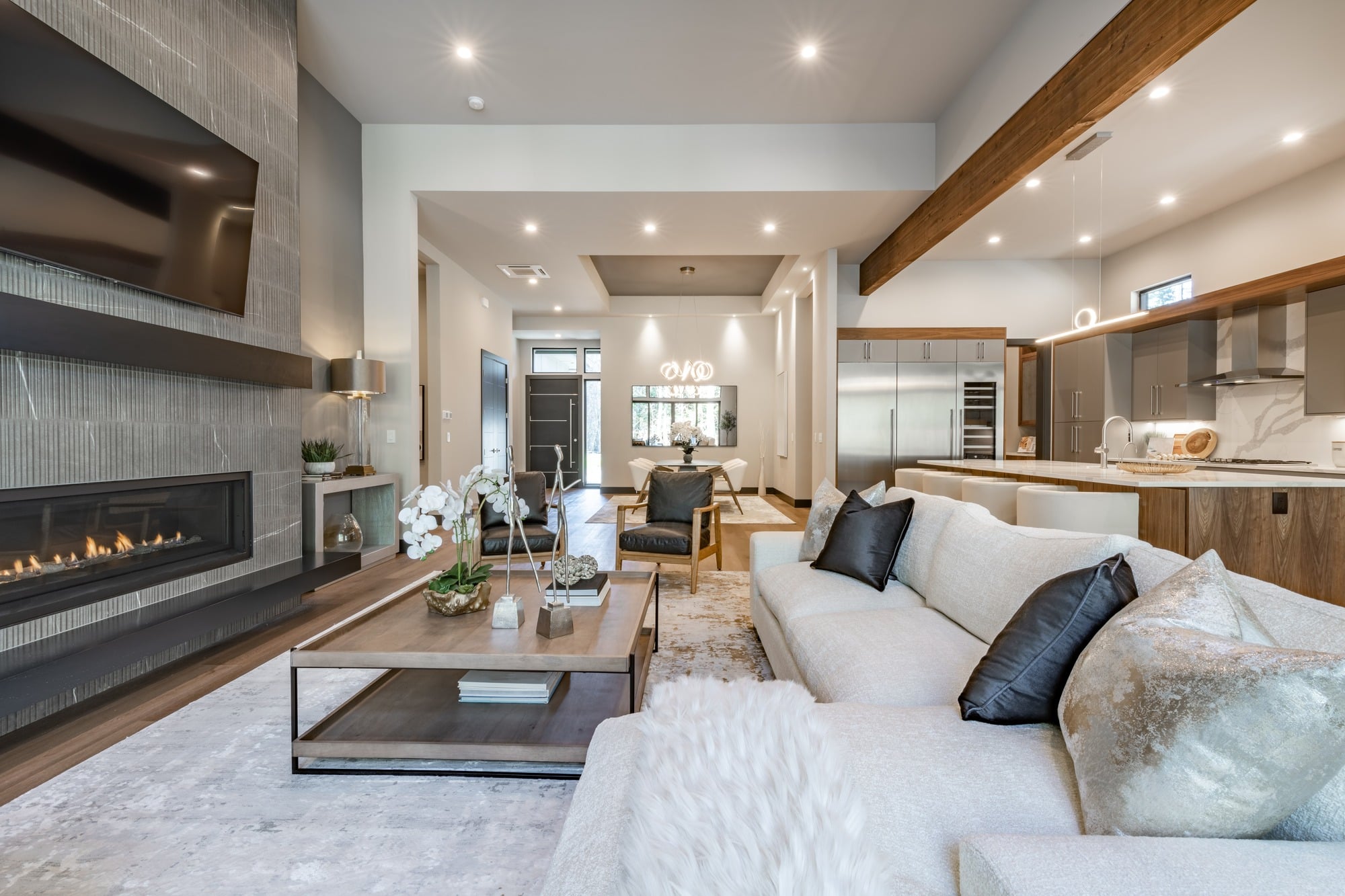 Bright, modern living room with a fireplace in a Boise-area home