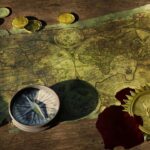 An old-world pirate map with a compass, depicting navigation markings and treasure hunt imagery.
